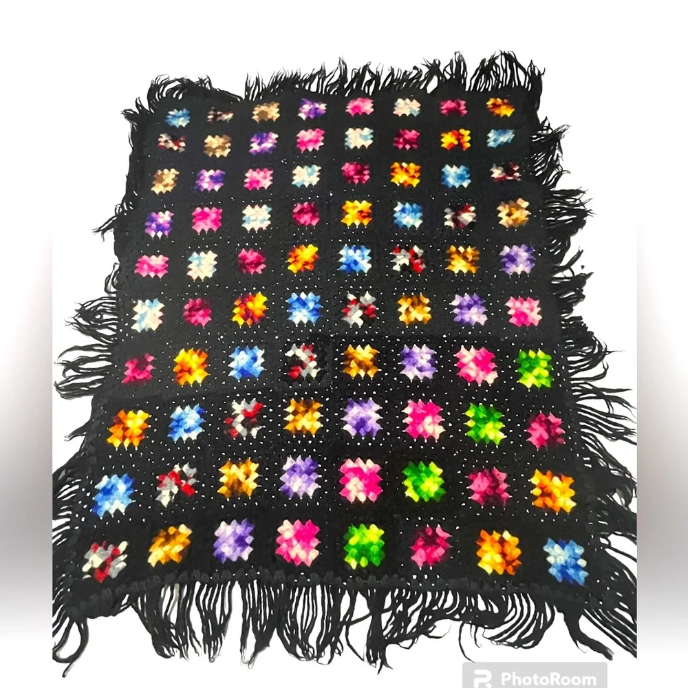 Vintage Homemade Afghan Throw Blanket Crochet Wool 47”X 34” Colorful Squares